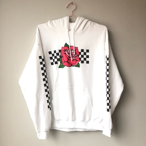 white hoodie with roses on sleeves mens